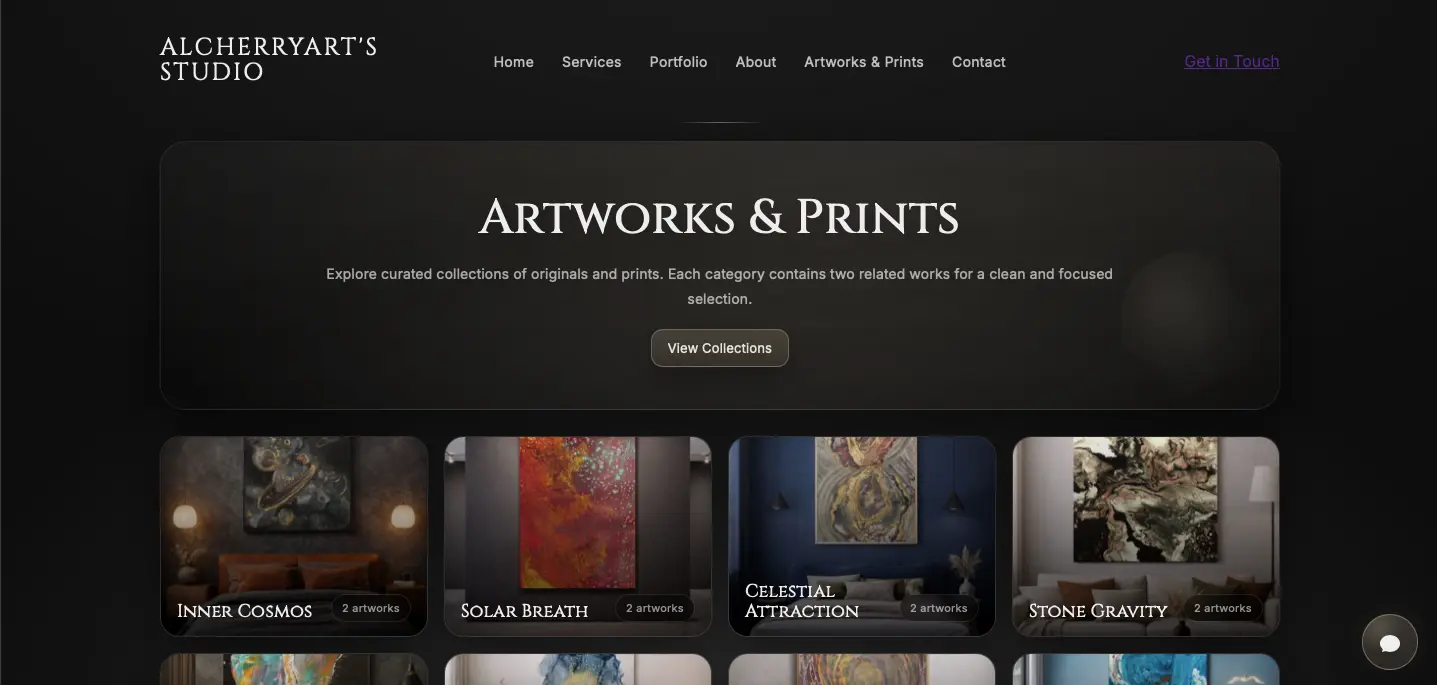 Desktop screenshot of Alcherryart Studio artworks and prints section.