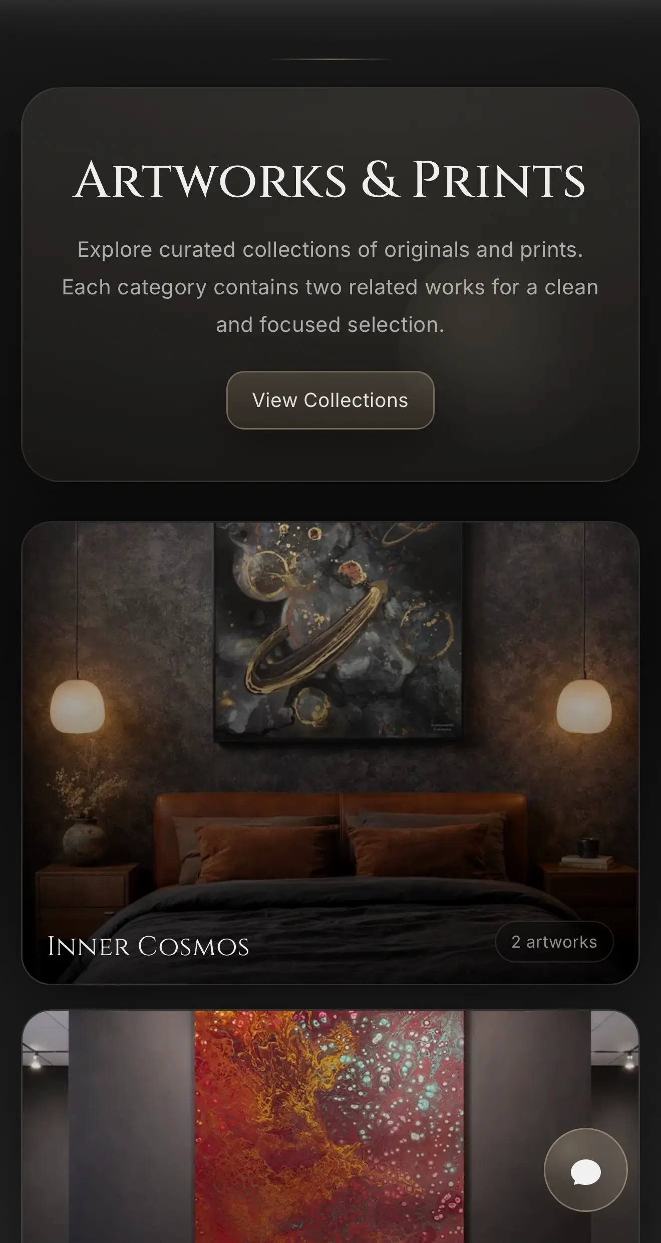 Mobile screenshot of Alcherryart Studio artworks and prints section.
