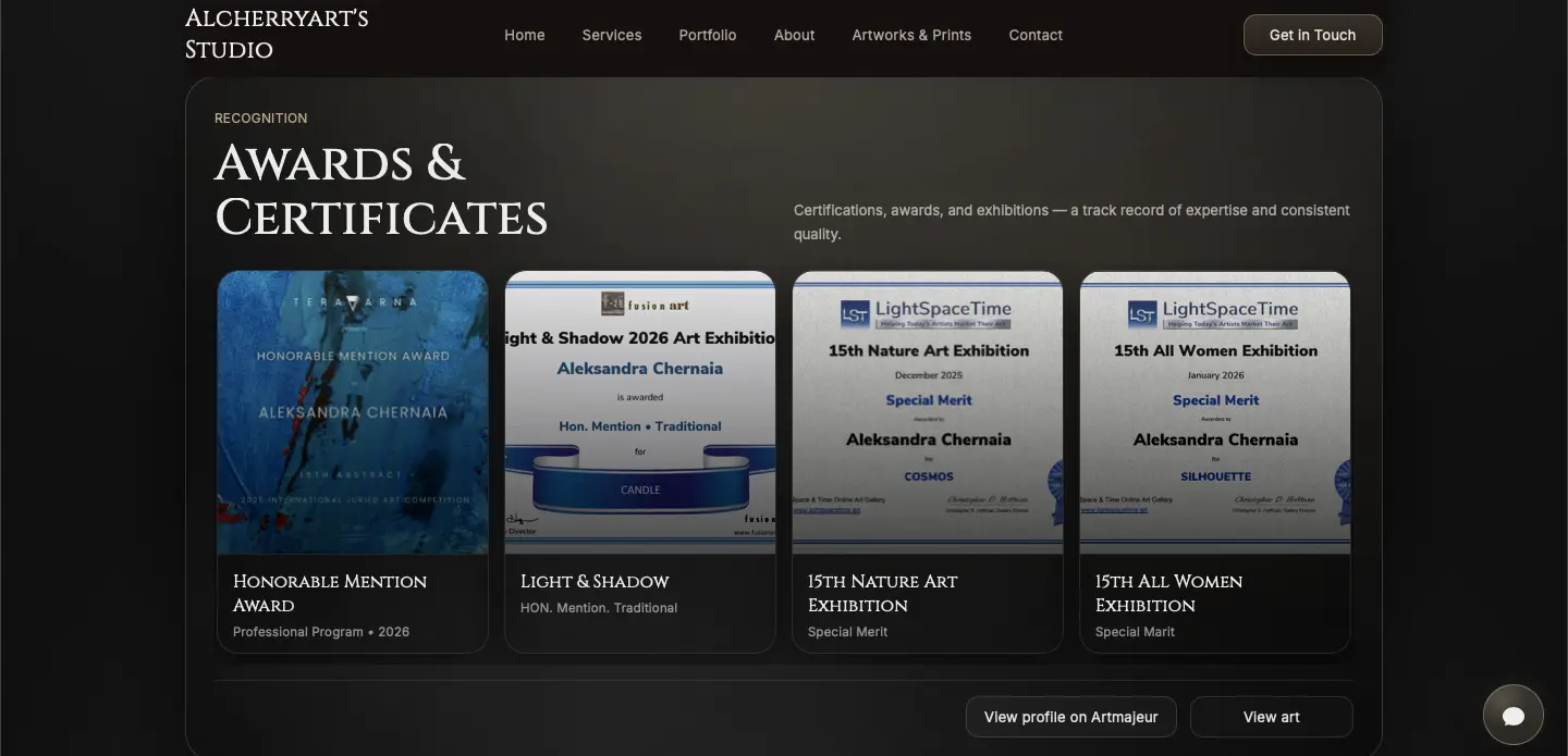 Desktop screenshot of Alcherryart Studio awards, certificates, exhibitions, and artist recognition content.