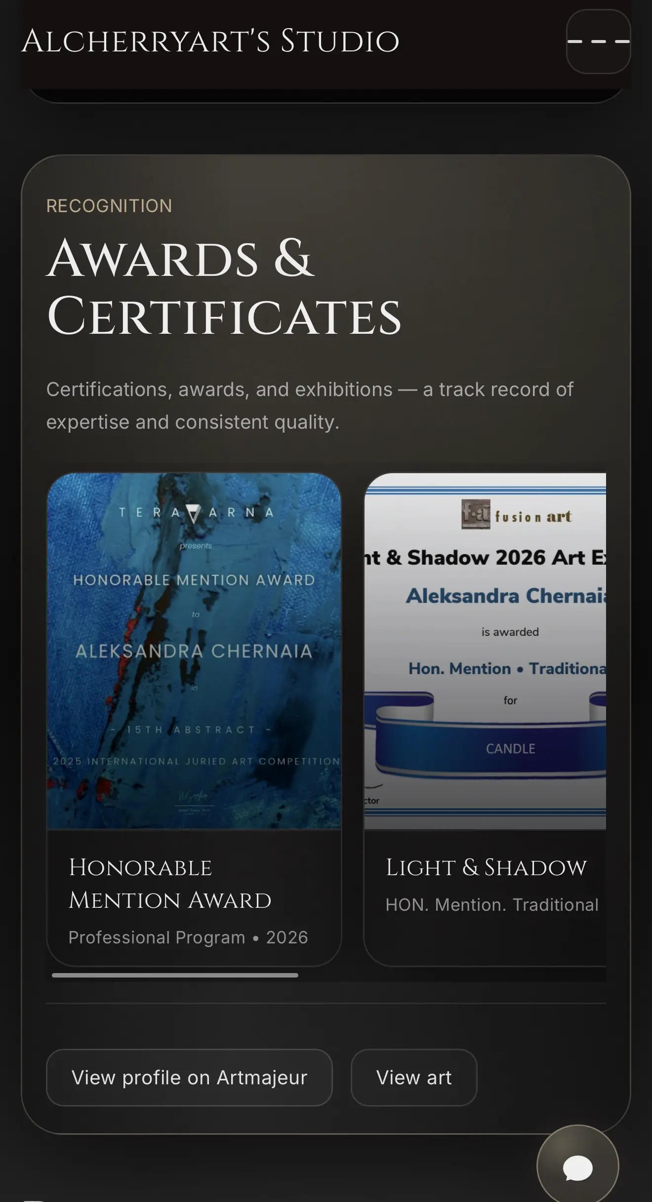 Mobile screenshot of Alcherryart Studio awards and certificate content.
