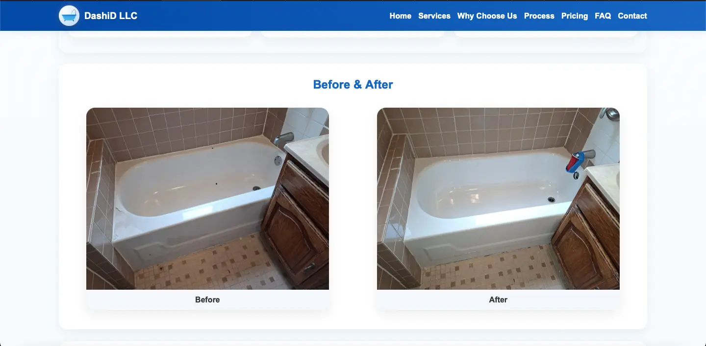 Desktop screenshot of DashiD LLC до/после refinishing gallery.