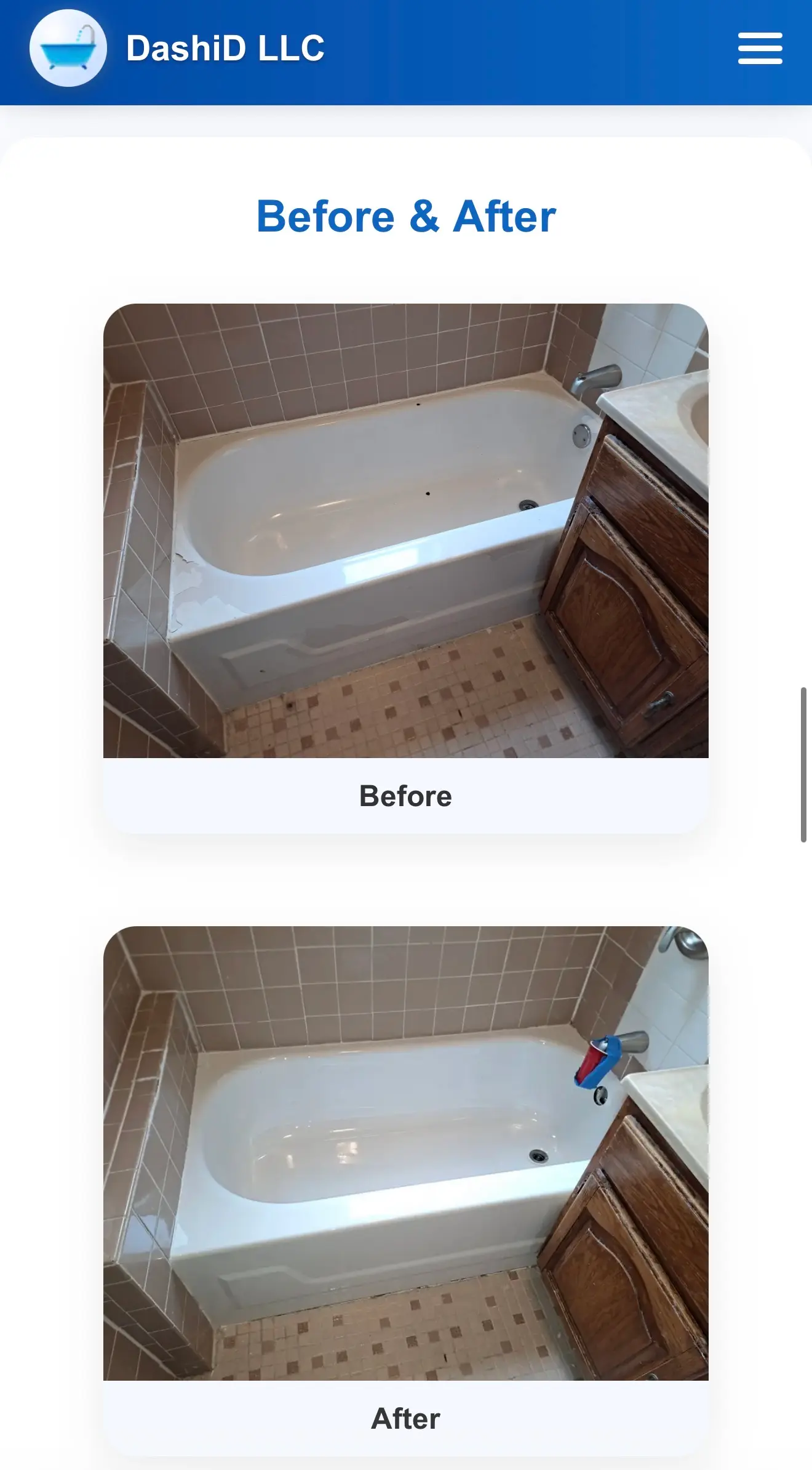 Mobile screenshot of DashiD LLC до/после refinishing доказательства.