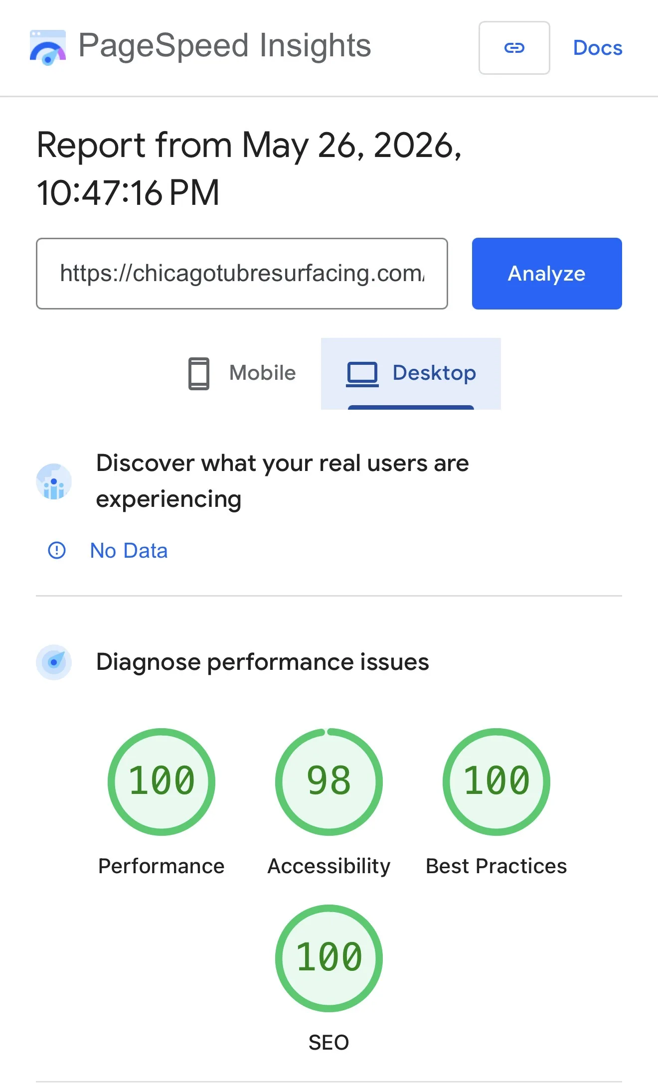 Скриншот PageSpeed Insights с техническим отчётом по скорости сайта.
