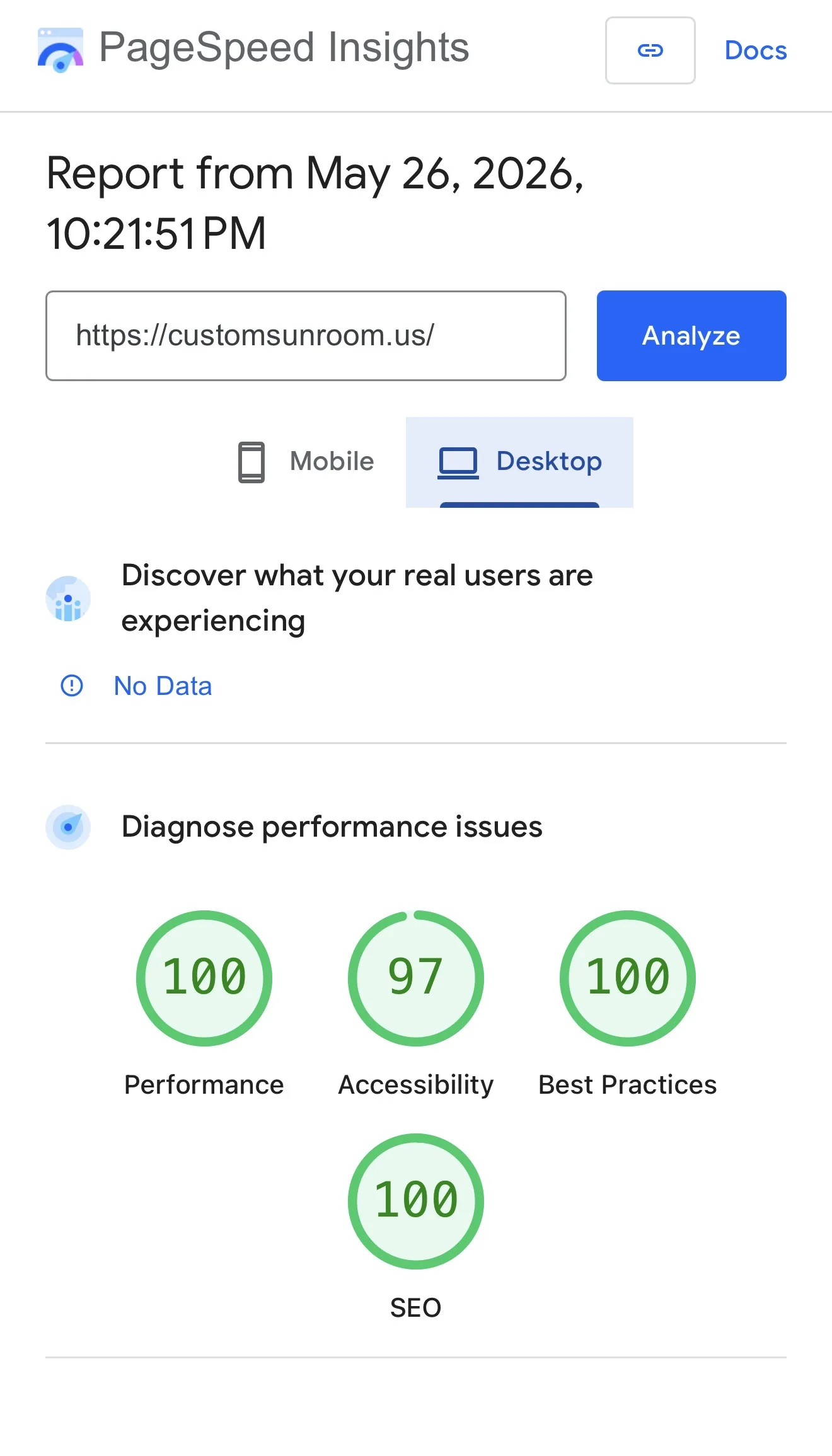 Скриншот PageSpeed Insights с техническим отчётом по скорости сайта.