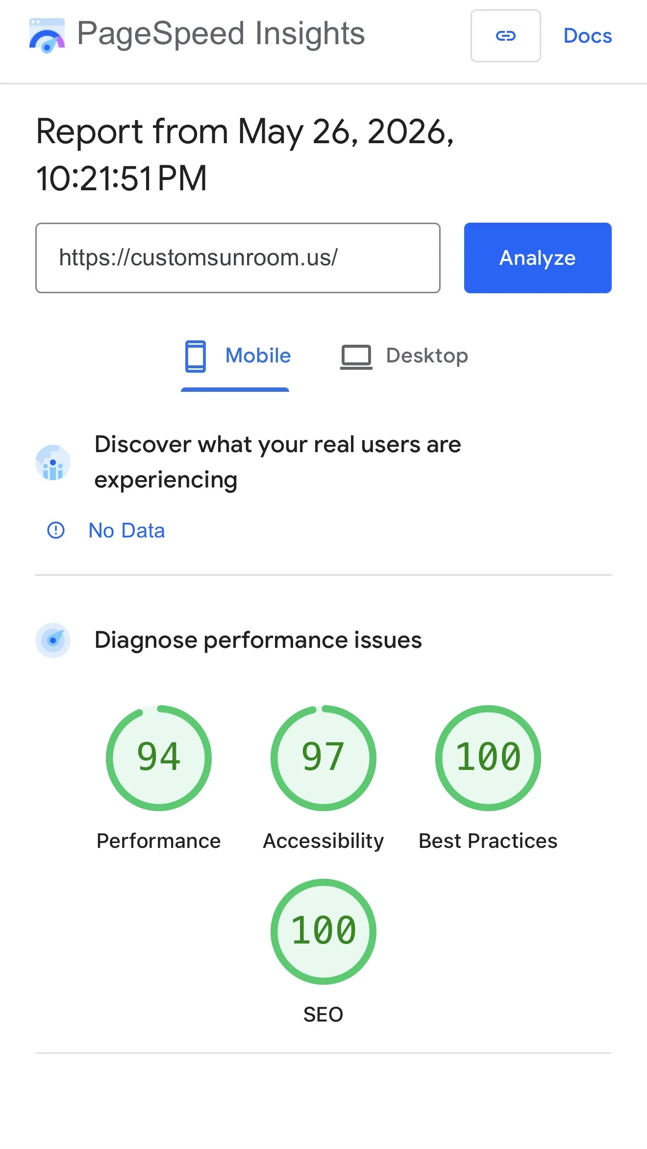 Скриншот PageSpeed Insights с техническим отчётом по скорости сайта.