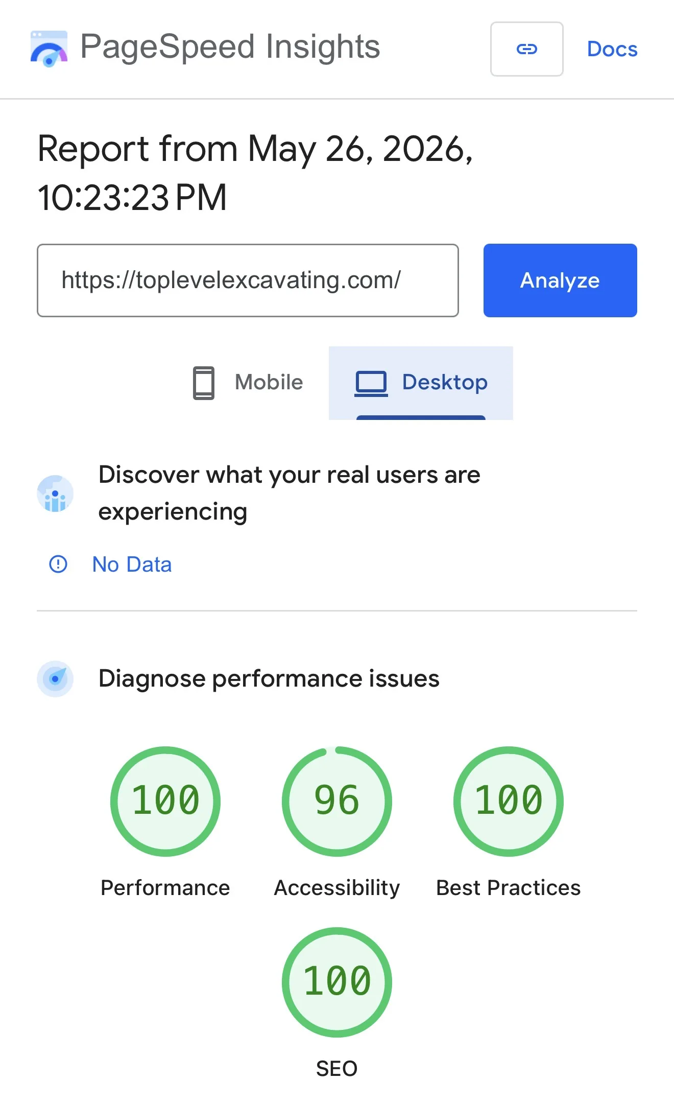 Скриншот PageSpeed Insights с техническим отчётом по скорости сайта.